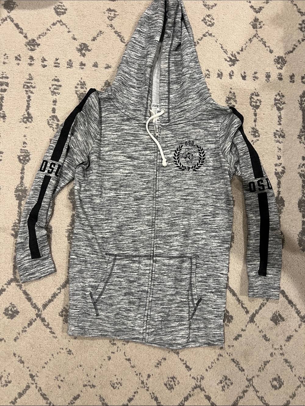 Victoria's Secret OSU Gray Marled Zip Hoodie with Black Stripe Accents